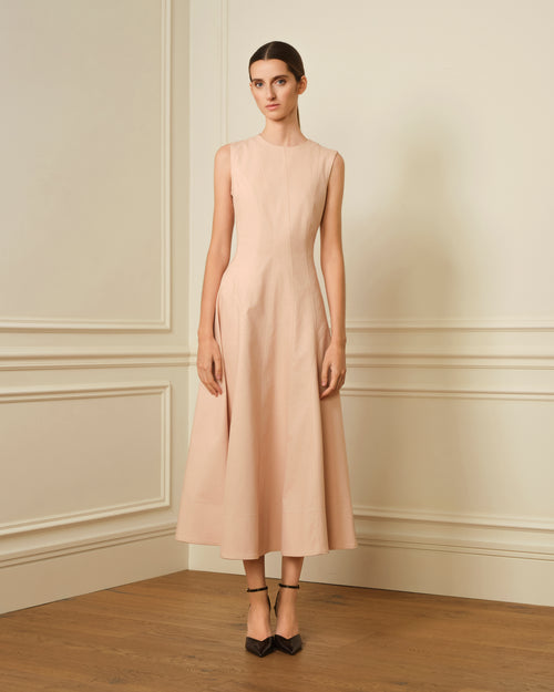 VESTIDO MIDI DENIM CON COSTURAS VISTAS ROSA