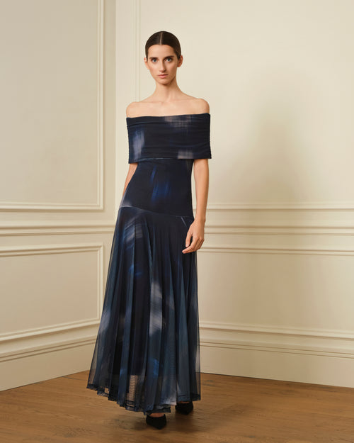 VESTIDO OFF SHOULDER DE TUL ESTAMPADO AZUL MARINO