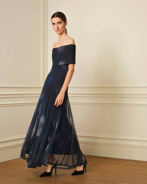 VESTIDO OFF SHOULDER DE TUL ESTAMPADO AZUL MARINO