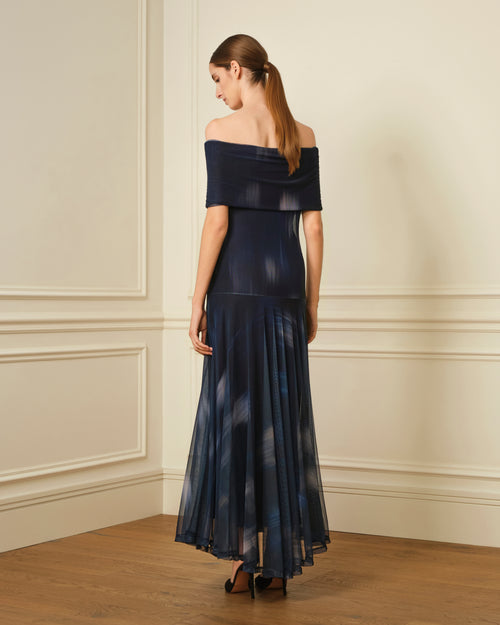 VESTIDO OFF SHOULDER DE TUL ESTAMPADO AZUL MARINO