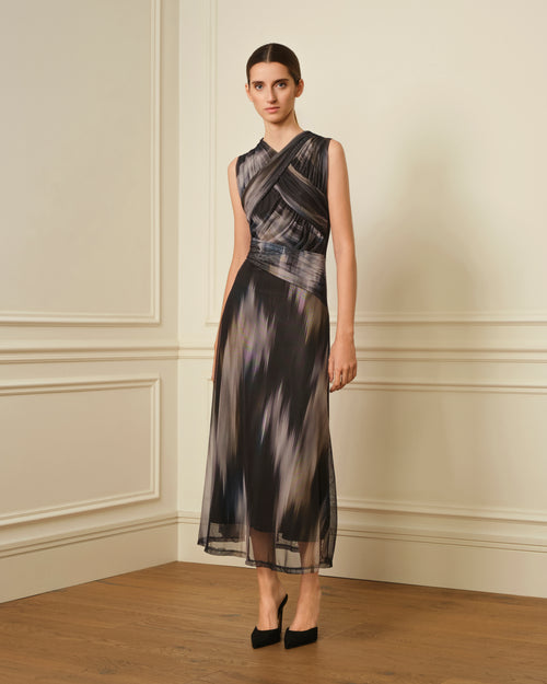 VESTIDO TUL ESTAMPADO IKAT NEGRO