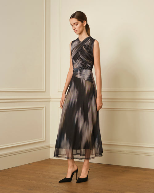 VESTIDO TUL ESTAMPADO IKAT NEGRO