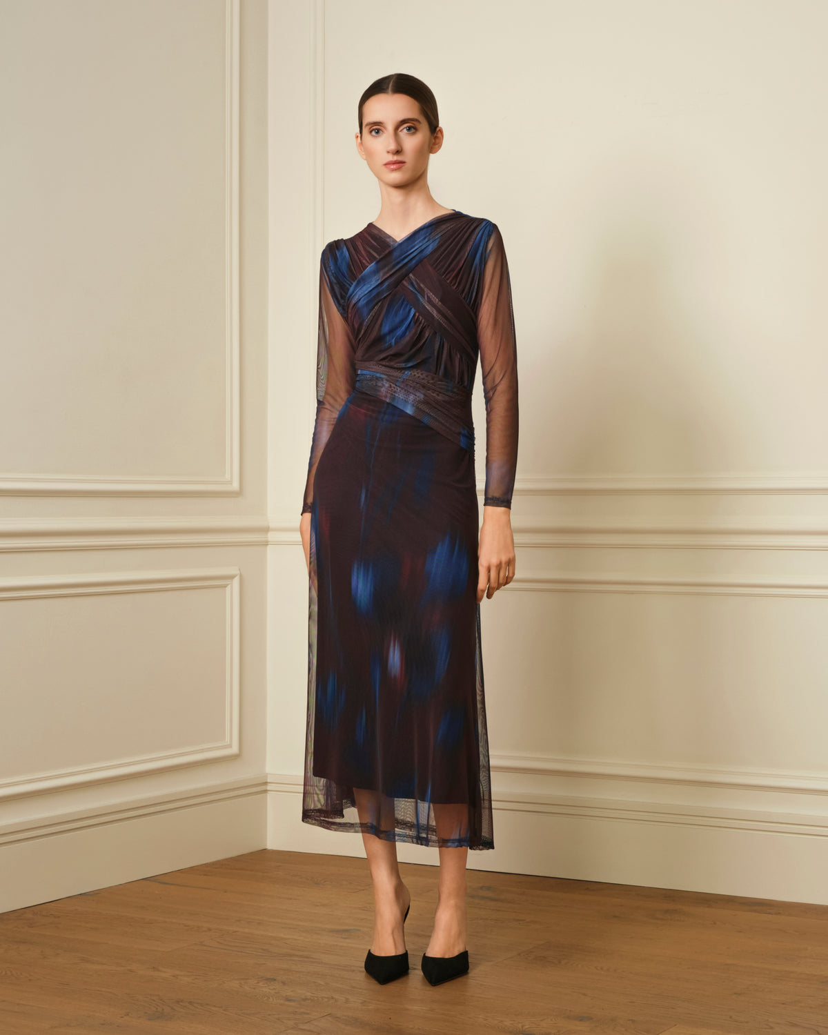 VESTIDO DE TUL CON DRAPEADO CRUZADO PLUM