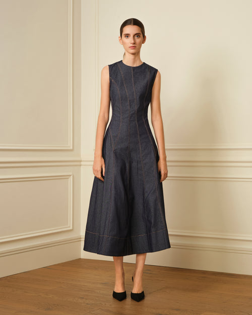VESTIDO MIDI DENIM CON COSTURAS VISTAS AZUL