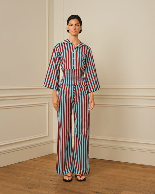 PANTALÓN DE RAYAS BURDEOS Y CELESTE