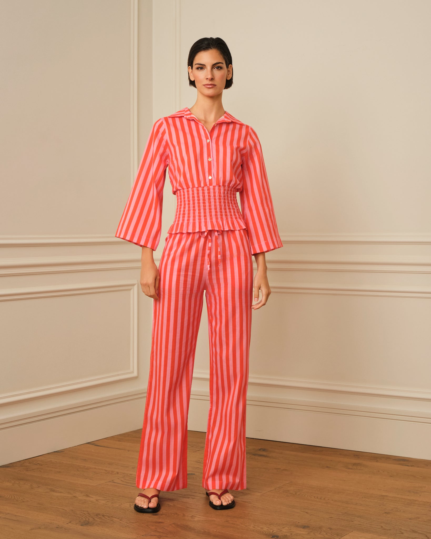 CAMISA NIDO DE ABEJA CON RAYAS ROSA Y NARANJA