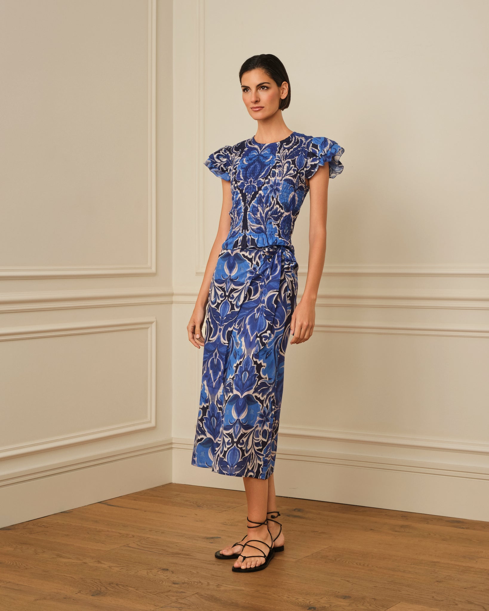 TOP NIDO DE ABEJA ESTAMPADO AZUL