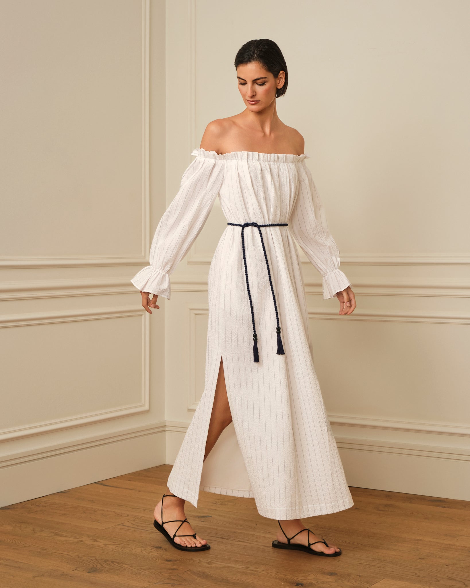 VESTIDO BARDOT ESTAMPADO RAYAS BLANCO