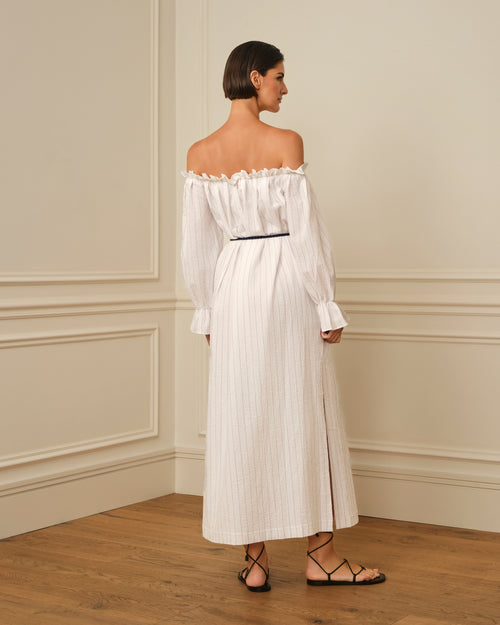 VESTIDO BARDOT ESTAMPADO RAYAS BLANCO