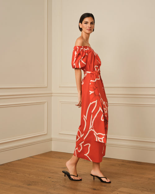 VESTIDO MIDI ESTAMPADO OFF SHOULDER ROJO