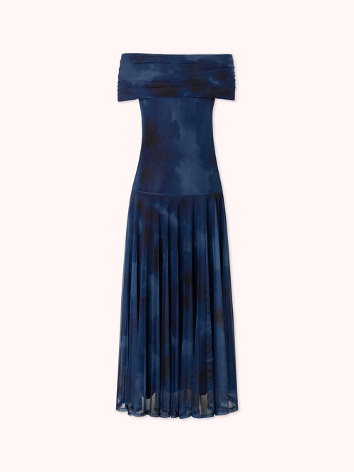 VESTIDO OFF SHOULDER DE TUL AZUL