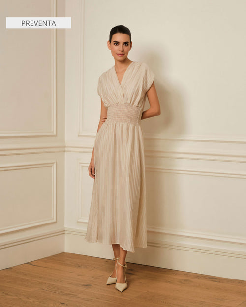 VESTIDO MIDI CON ESTAMPADO DE RAYAS BEIGE