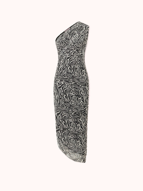 VESTIDO ASIMÉTRICO CON DRAPEADO EN TUL NEGRO