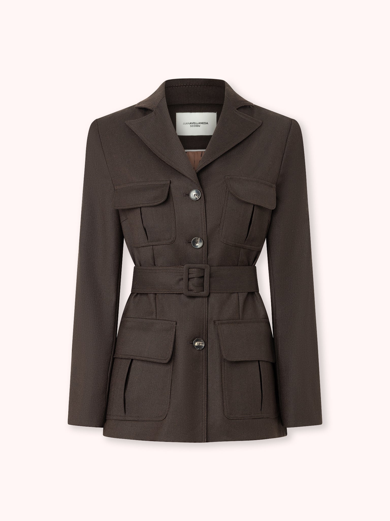 BLAZER DE LANA CON CINTURON Y BOLSILLOS CON TAPA MARRÓN