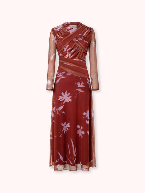 VESTIDO MANGA LARGA CON ESTAMPADO FLORAL ROJO