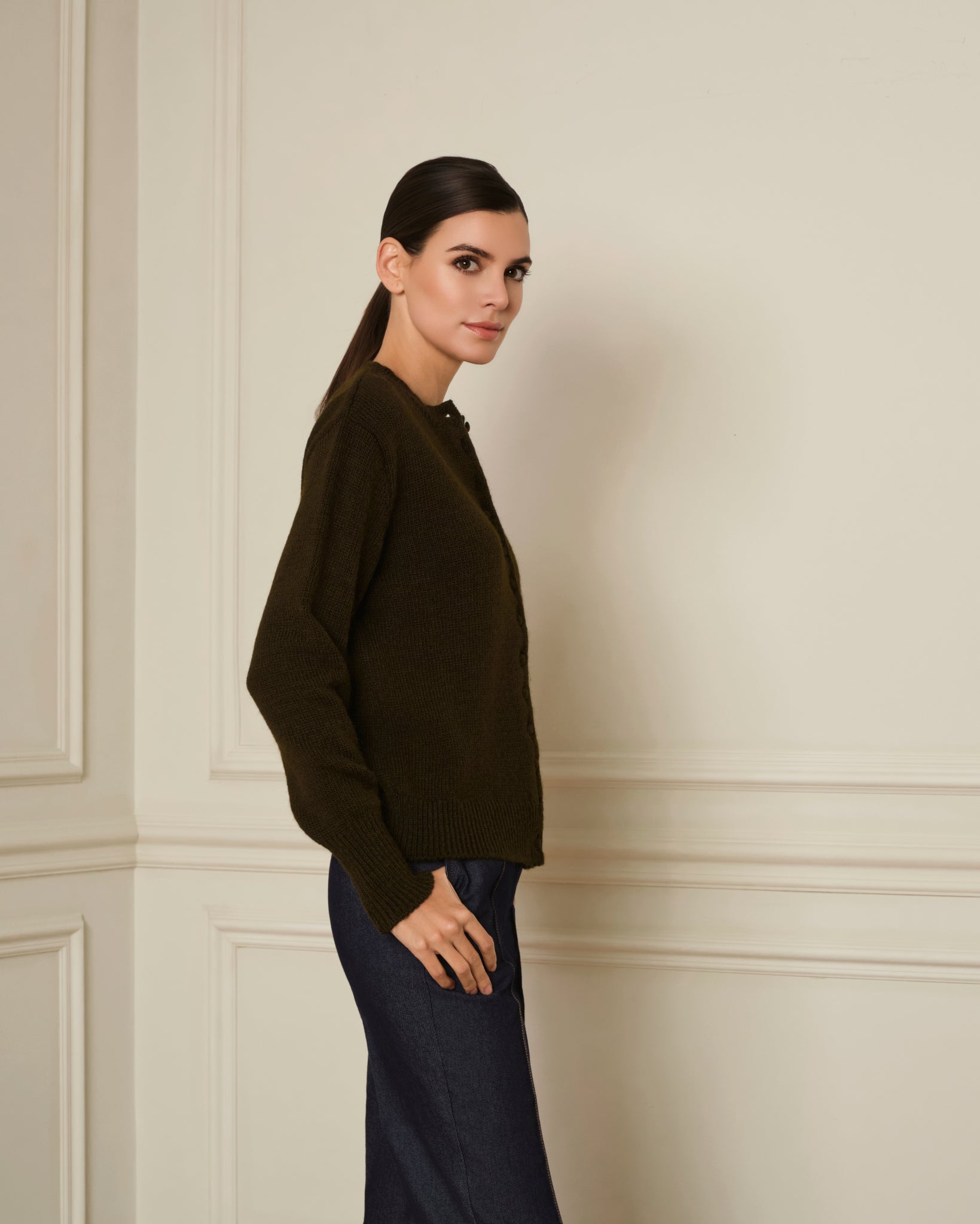 CÁRDIGAN DE BOTONES FORRADOS VERDE MILITAR