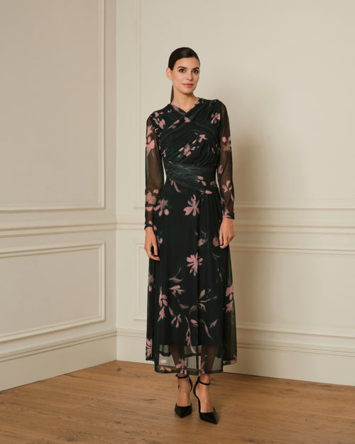 VESTIDO MANGA LARGA CON ESTAMPADO FLORAL VERDE