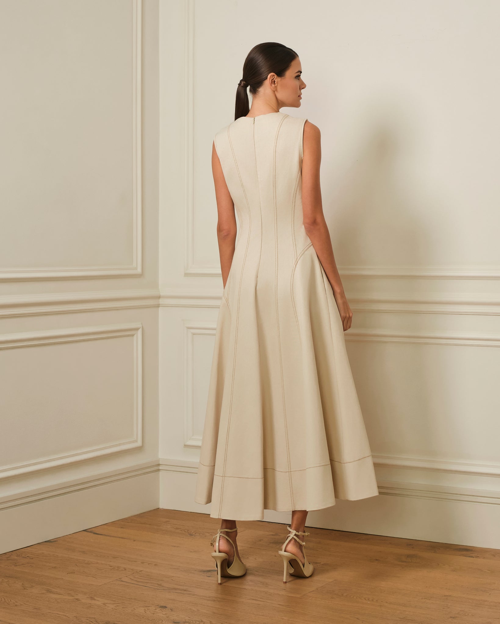 PREVENTA VESTIDO MIDI DENIM CON COSTURAS VISTAS OFF-WHITE