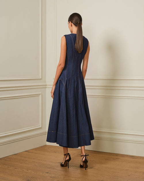 PREVENTA VESTIDO MIDI DENIM CON COSTURAS VISTAS AZUL