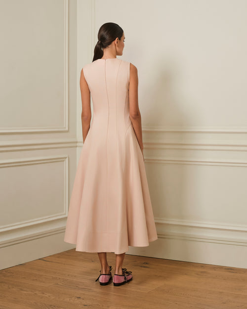 VESTIDO MIDI DENIM CON COSTURAS VISTAS ROSA