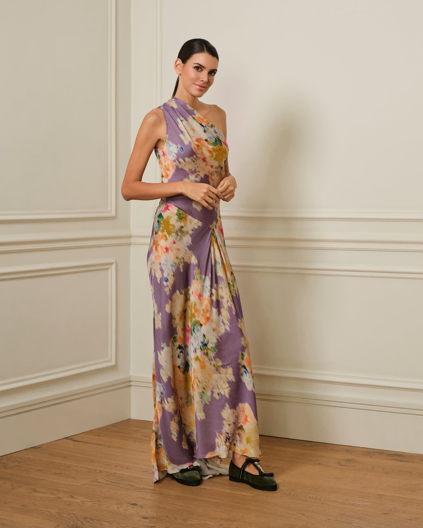 VESTIDO ASIMETRICO LILA ESTAMPADO FLORAL