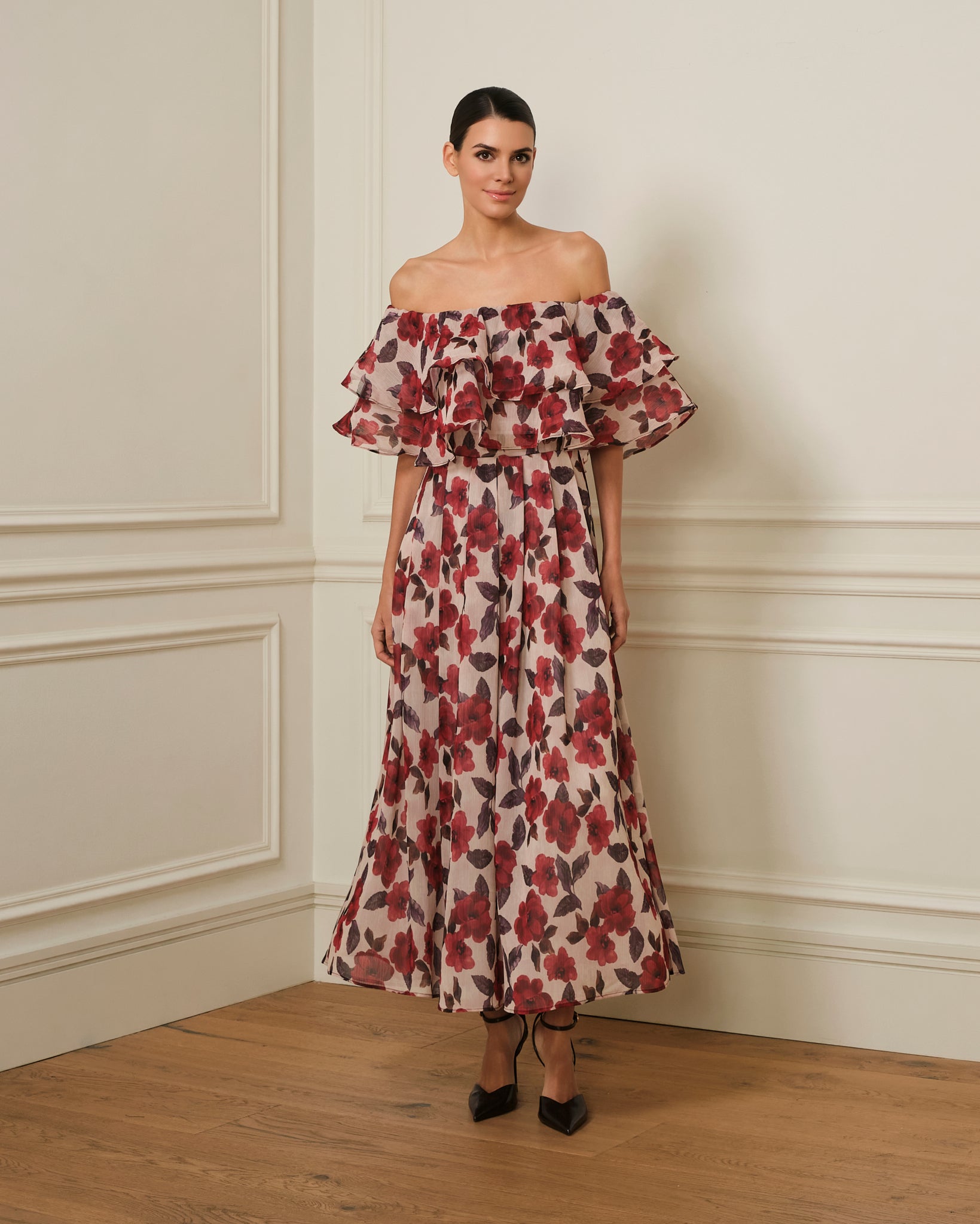 VESTIDO MIDI ESTAMPADO FLORAL CON VOLANTE