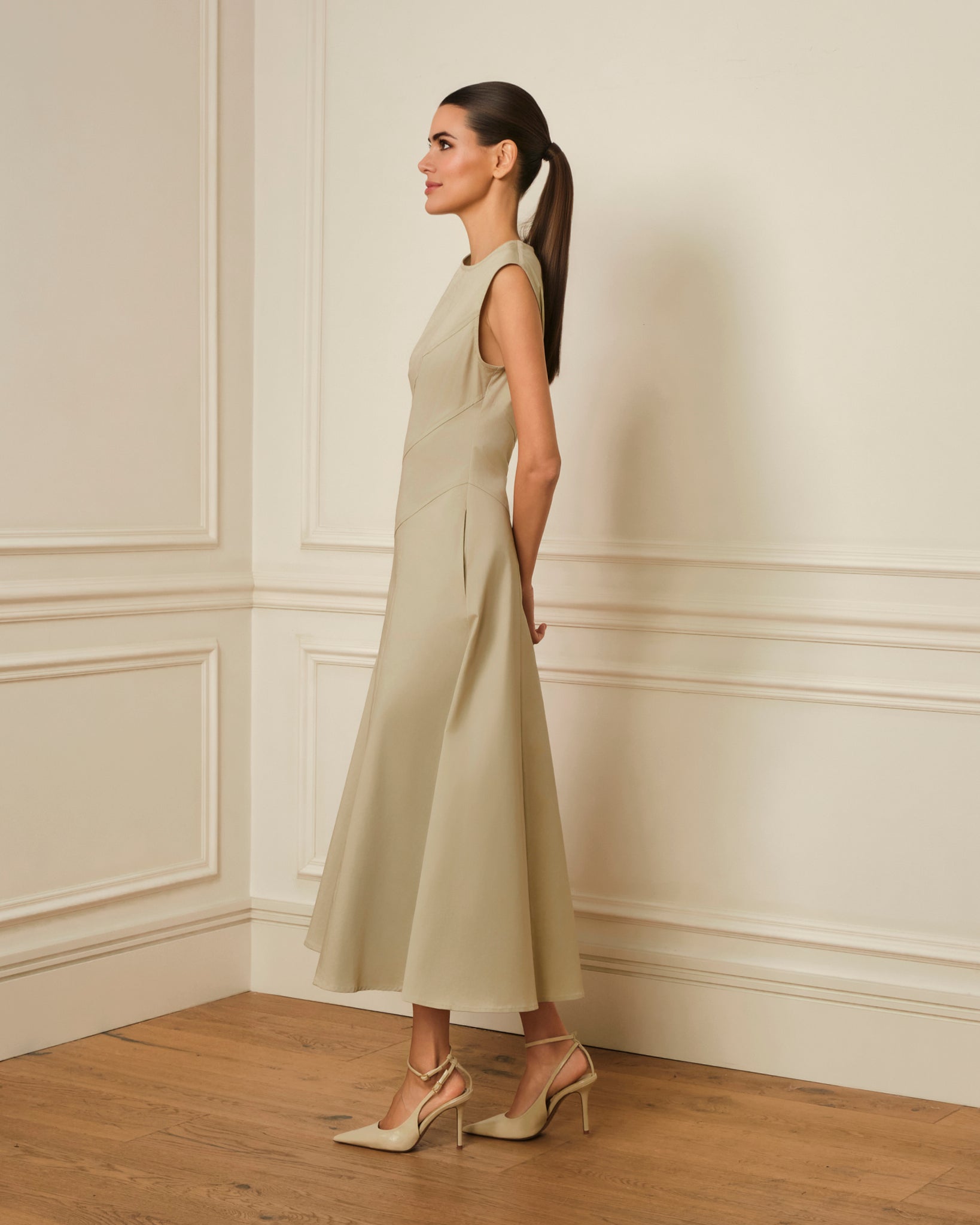 VESTIDO MIDI CON COSTURAS VISTAS BEIGE