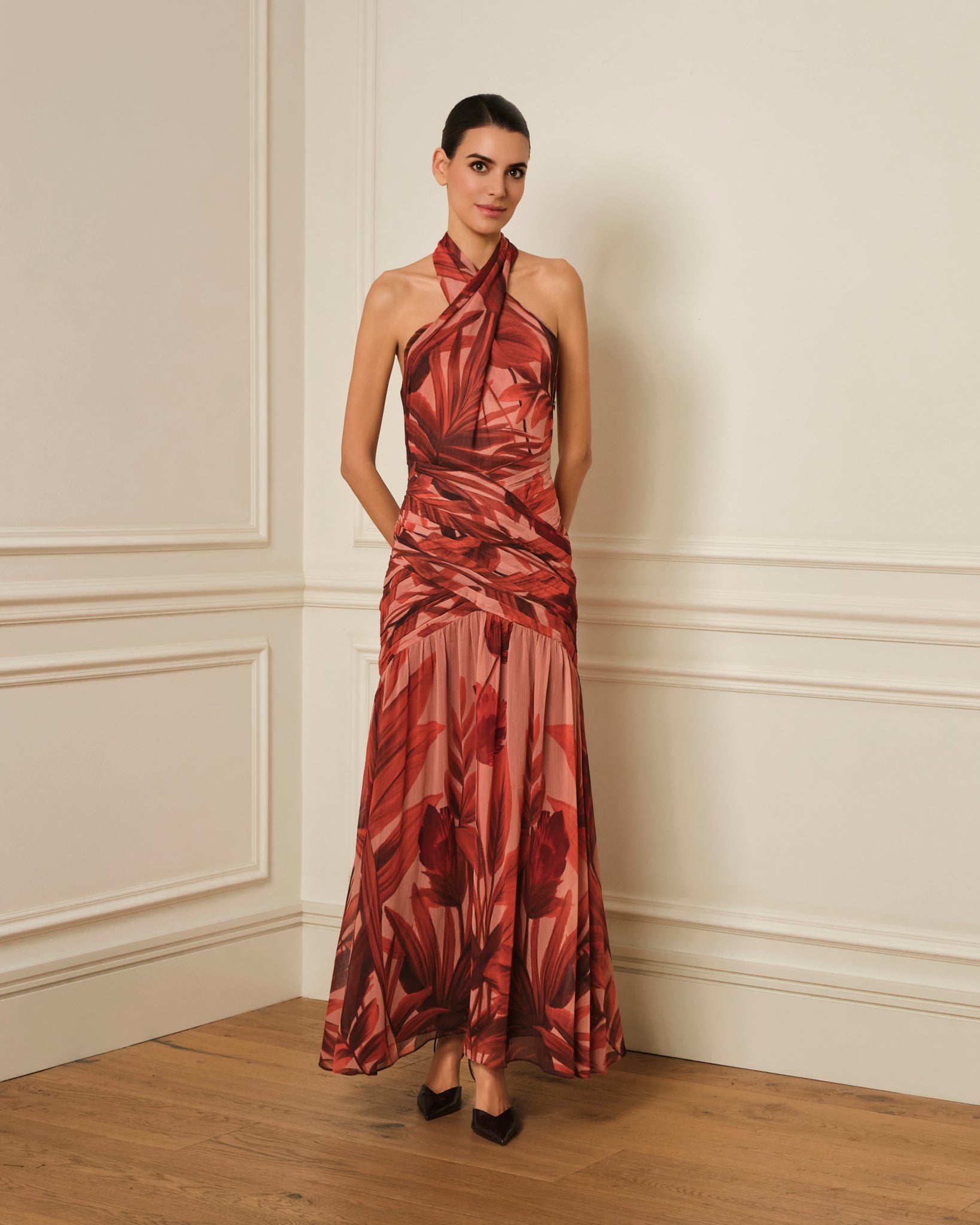 VESTIDO HALTER ESTAMPADO DRAPEADO