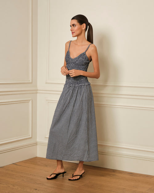 VESTIDO DE TIRANTES CON ESTAMPADO DE VICHY AZUL MARINO