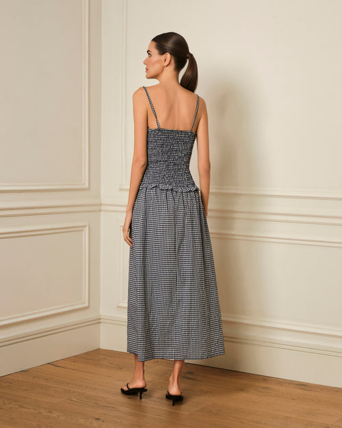 VESTIDO DE TIRANTES CON ESTAMPADO DE VICHY AZUL MARINO