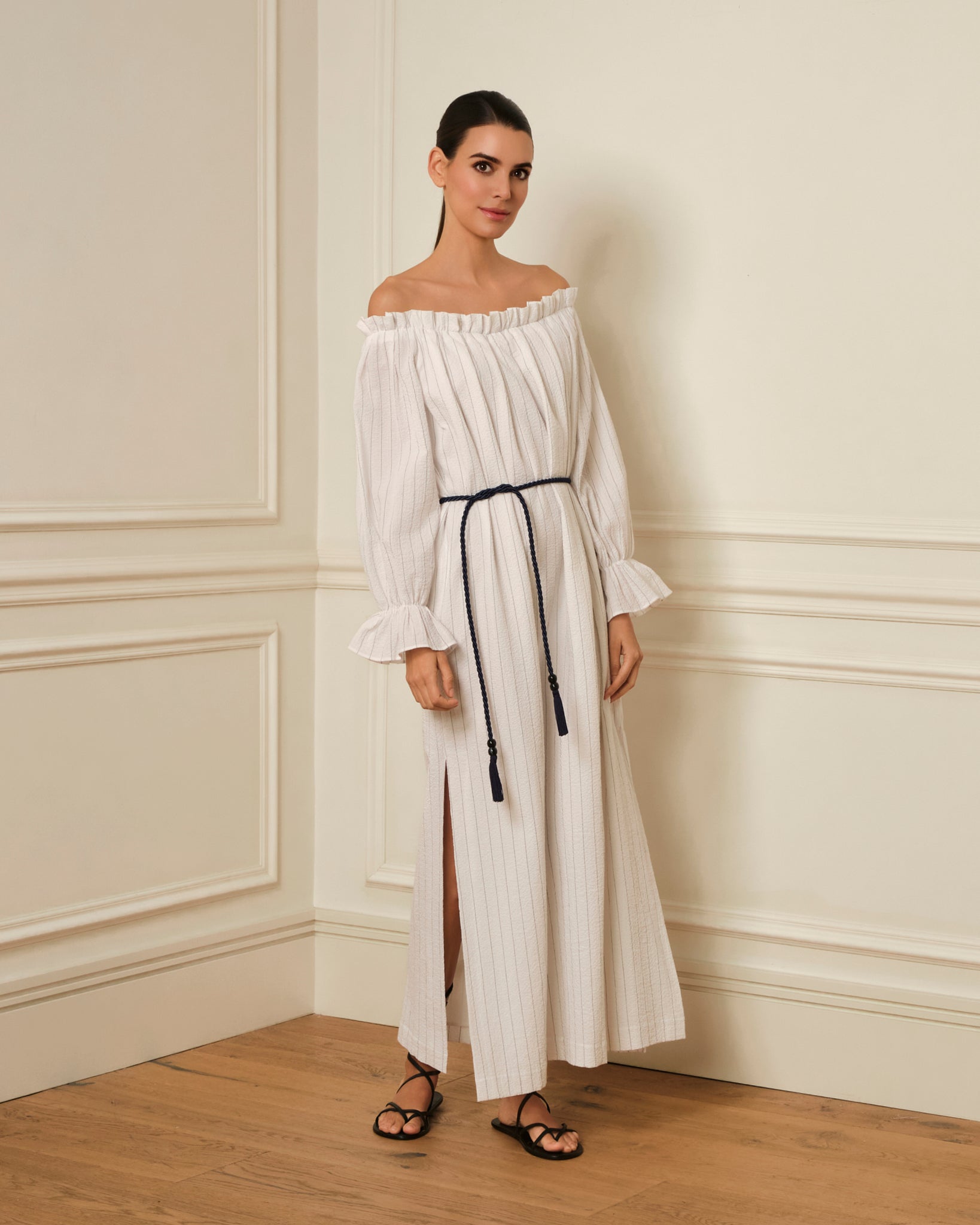 VESTIDO BARDOT ESTAMPADO RAYAS BLANCO