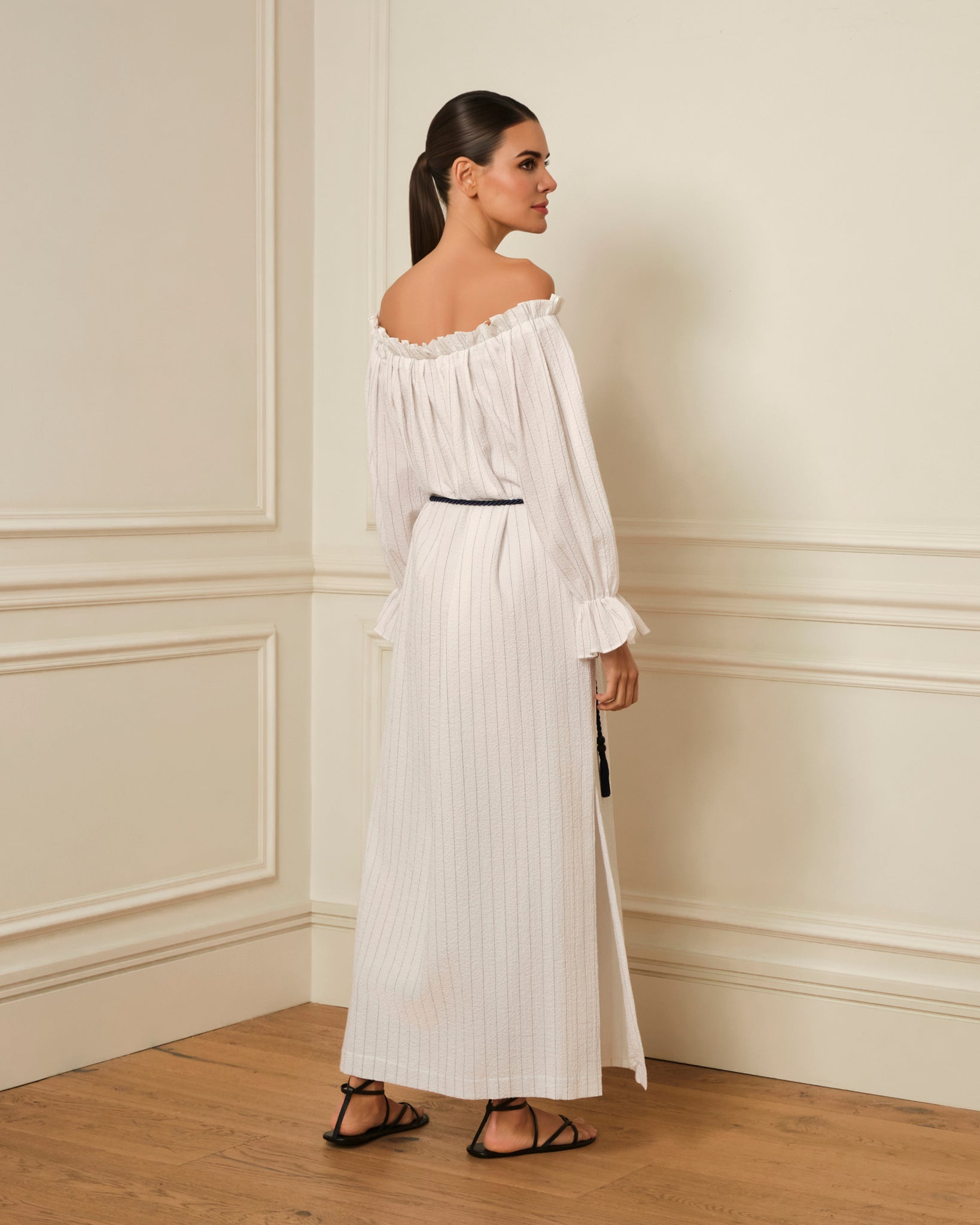 VESTIDO BARDOT ESTAMPADO RAYAS BLANCO