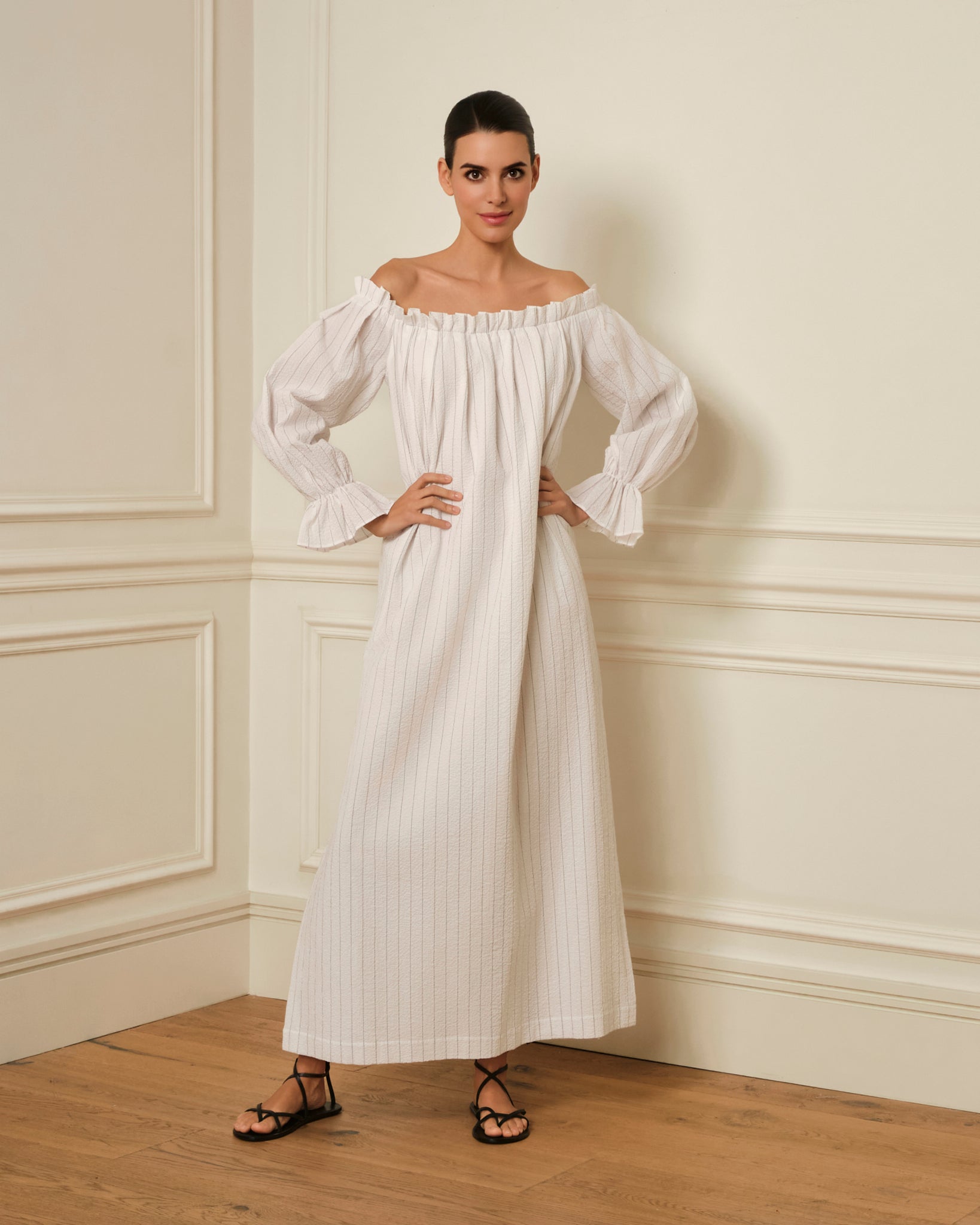 VESTIDO BARDOT ESTAMPADO RAYAS BLANCO