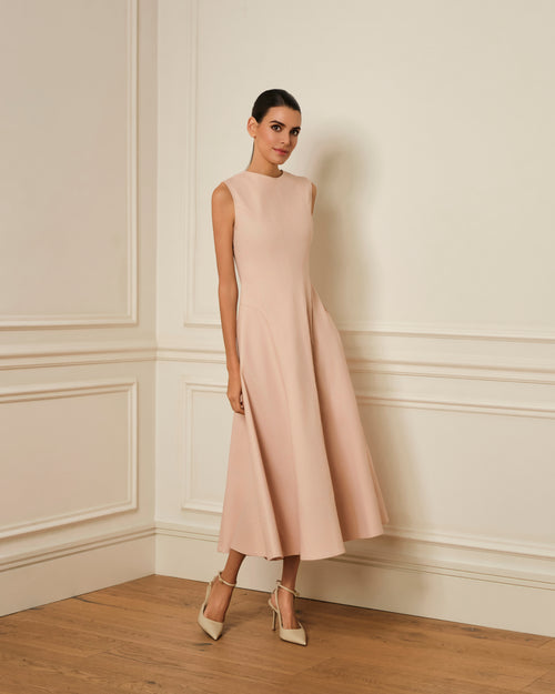 VESTIDO MIDI DENIM CON COSTURAS VISTAS ROSA