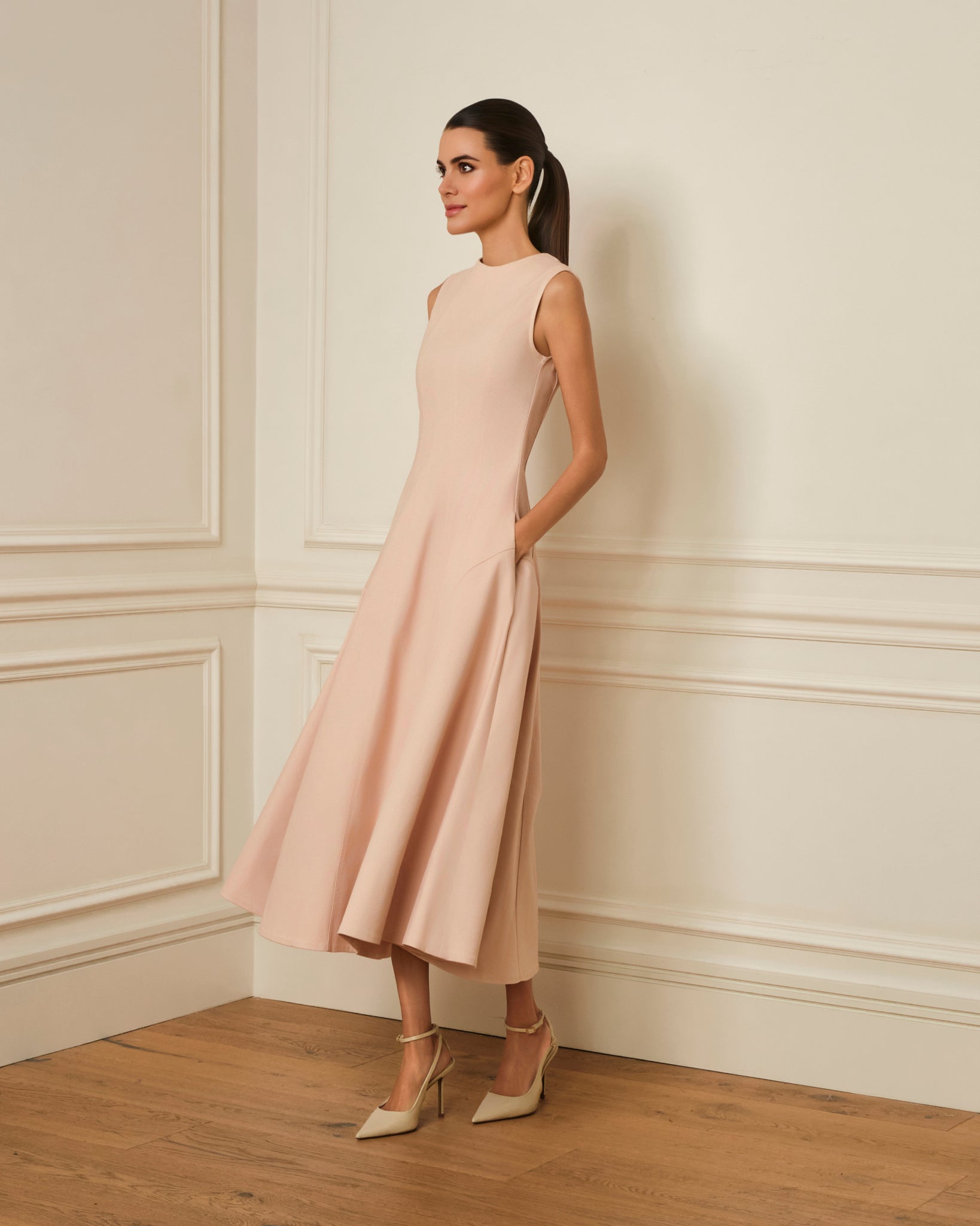 VESTIDO MIDI DENIM CON COSTURAS VISTAS ROSA