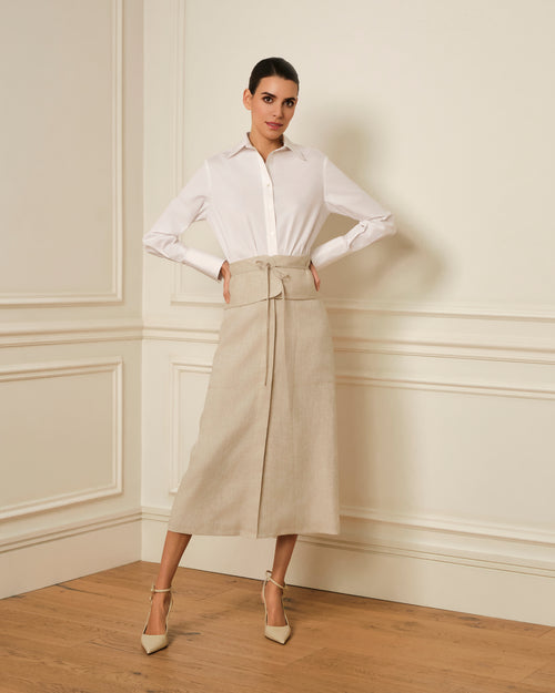 FALDA MIDI CON CITURILLA ANCHA BEIGE