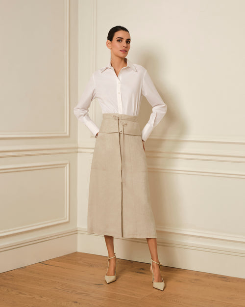 FALDA MIDI CON CITURILLA ANCHA BEIGE