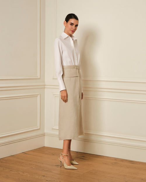 FALDA MIDI CON CITURILLA ANCHA BEIGE