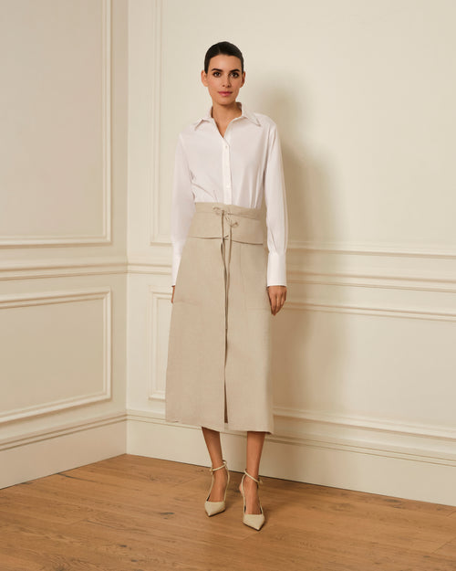 FALDA MIDI CON CITURILLA ANCHA BEIGE