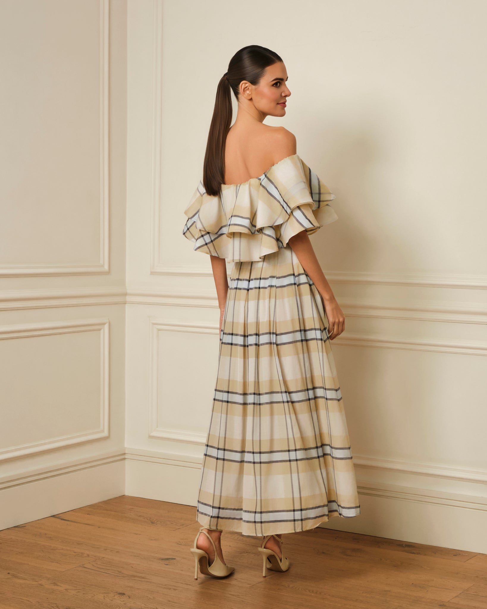 VESTIDO MIDI ESTAMPADO CON VOLANTE