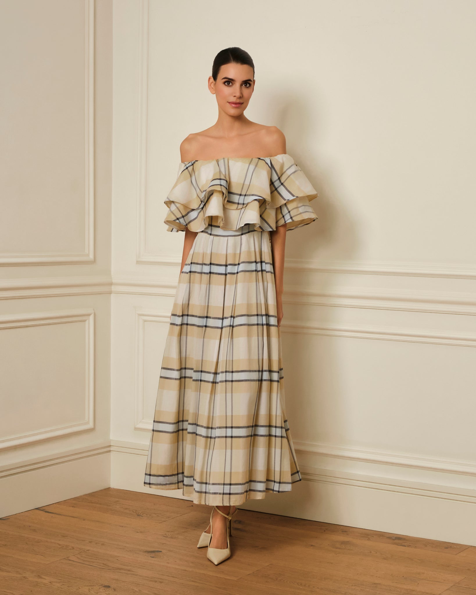 VESTIDO MIDI ESTAMPADO CON VOLANTE