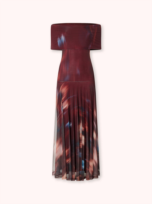 VESTIDO OFF SHOULDER DE TUL ESTAMPADO BURDEOS