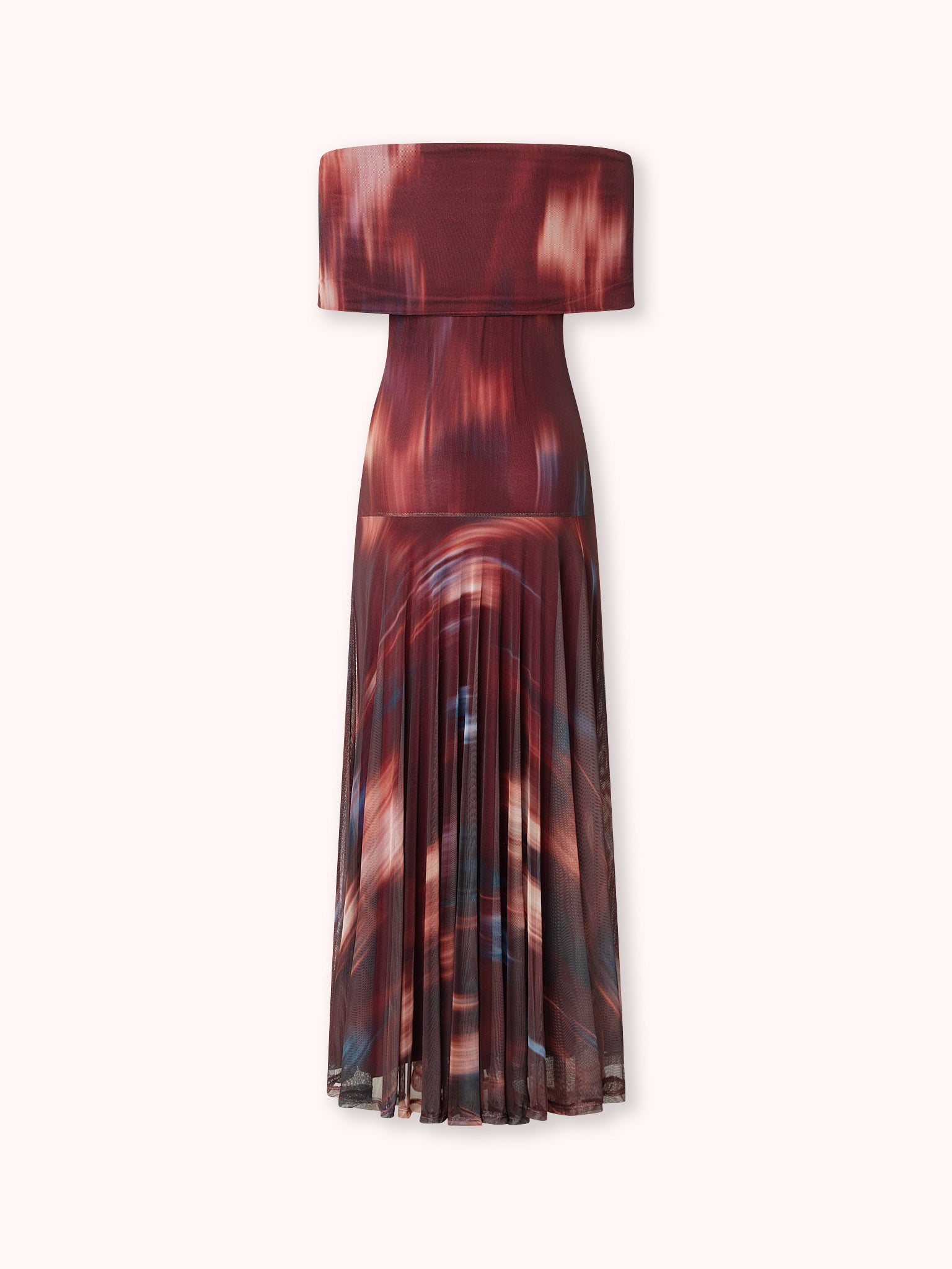 VESTIDO OFF SHOULDER DE TUL ESTAMPADO BURDEOS