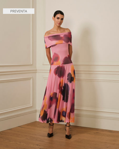 VESTIDO OFF SHOULDER DE TUL ESTAMPADO