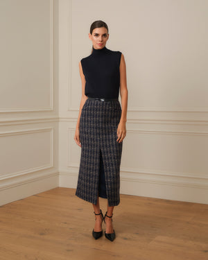 FALDA MIDI CON APERTURA DE TWEED AZUL MARINO