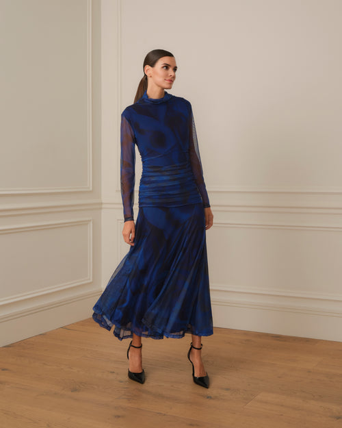 VESTIDO MANGA DRAPEADO AZUL