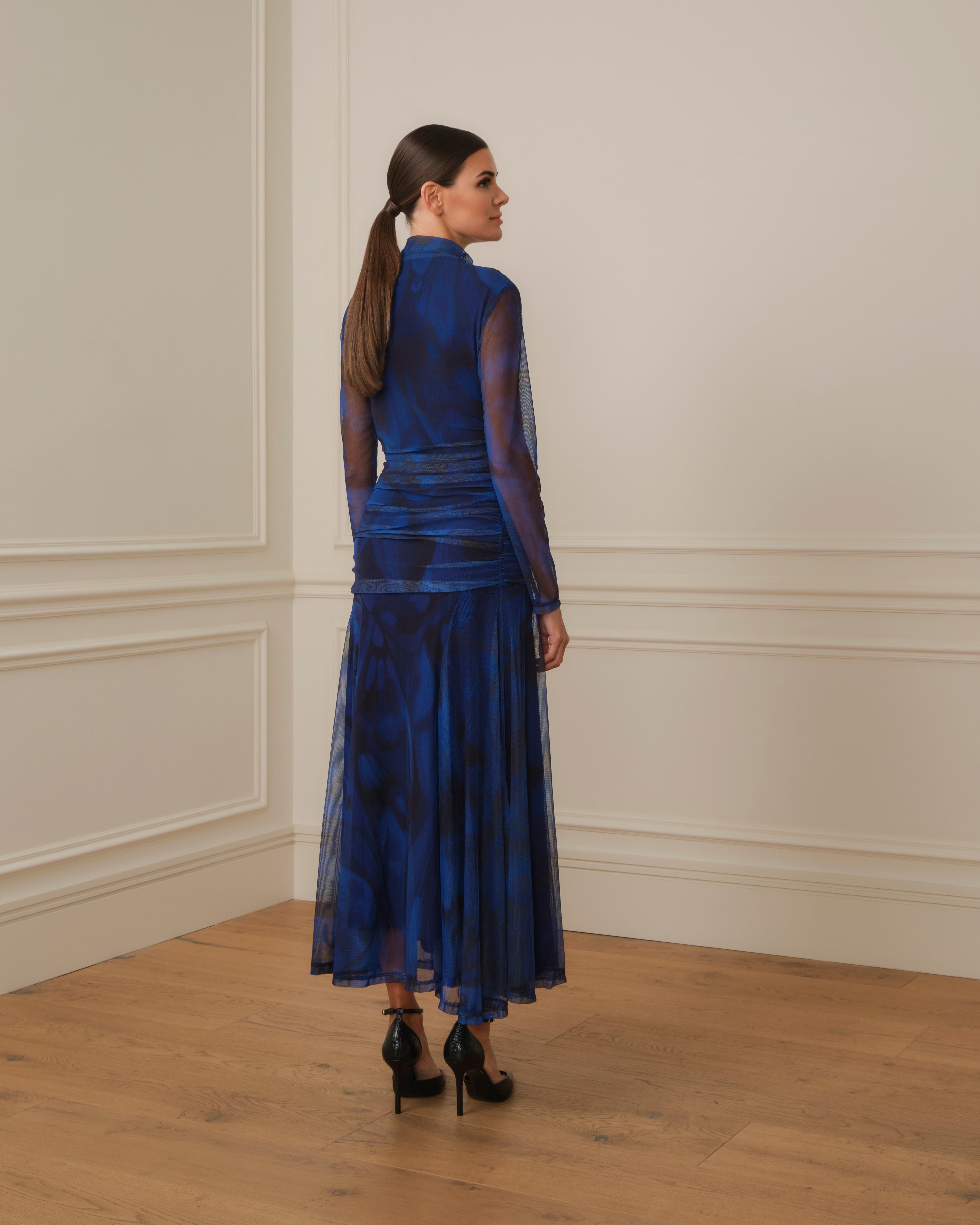 VESTIDO MANGA DRAPEADO AZUL