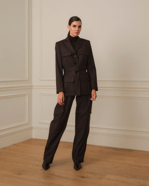 PRE-ORDER BLAZER DE LANA CON CINTURON Y BOLSILLOS CON TAPA MARRÓN