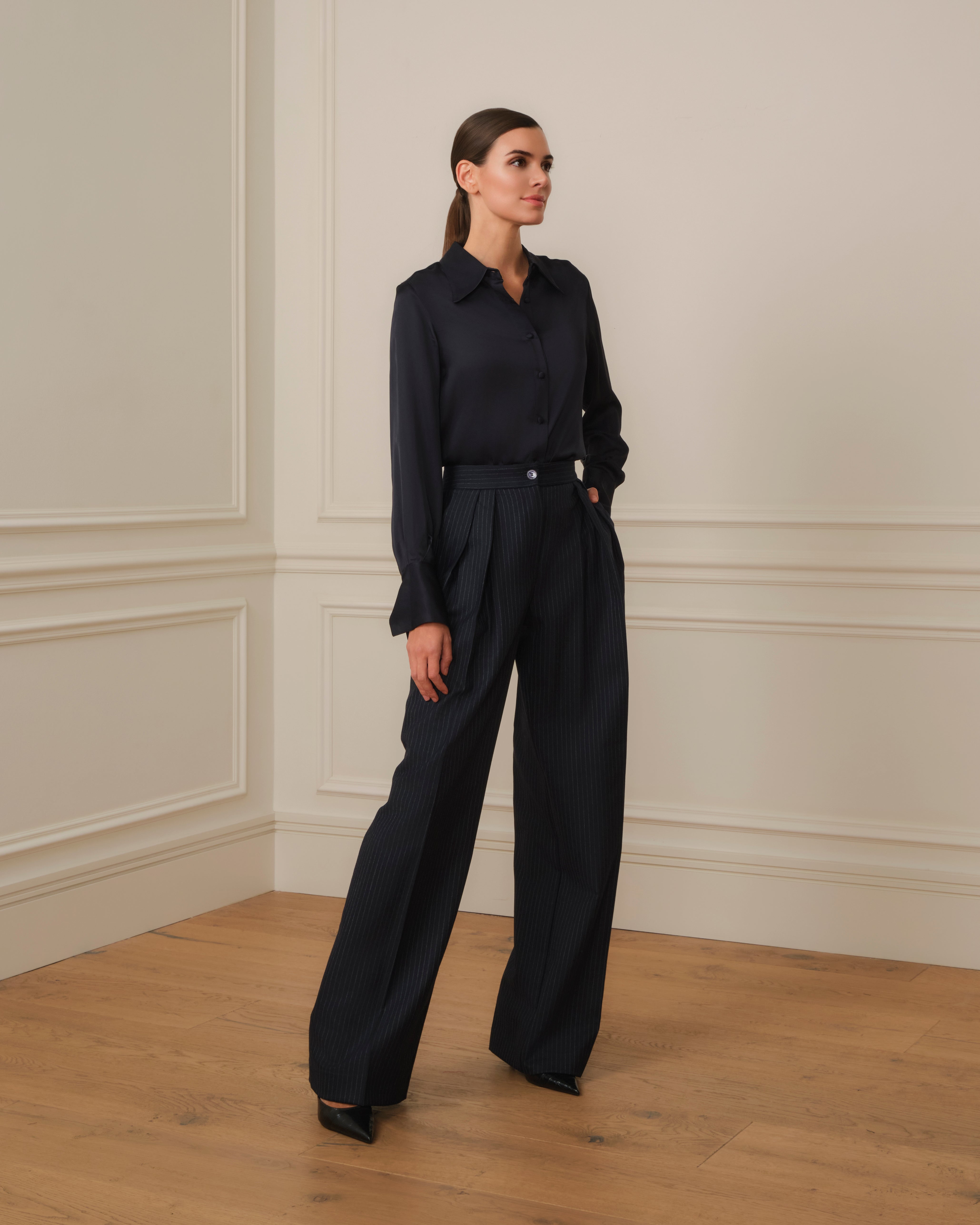 PANTALÓN PALAZZO CON DOBLE PINZA AZUL MARINO