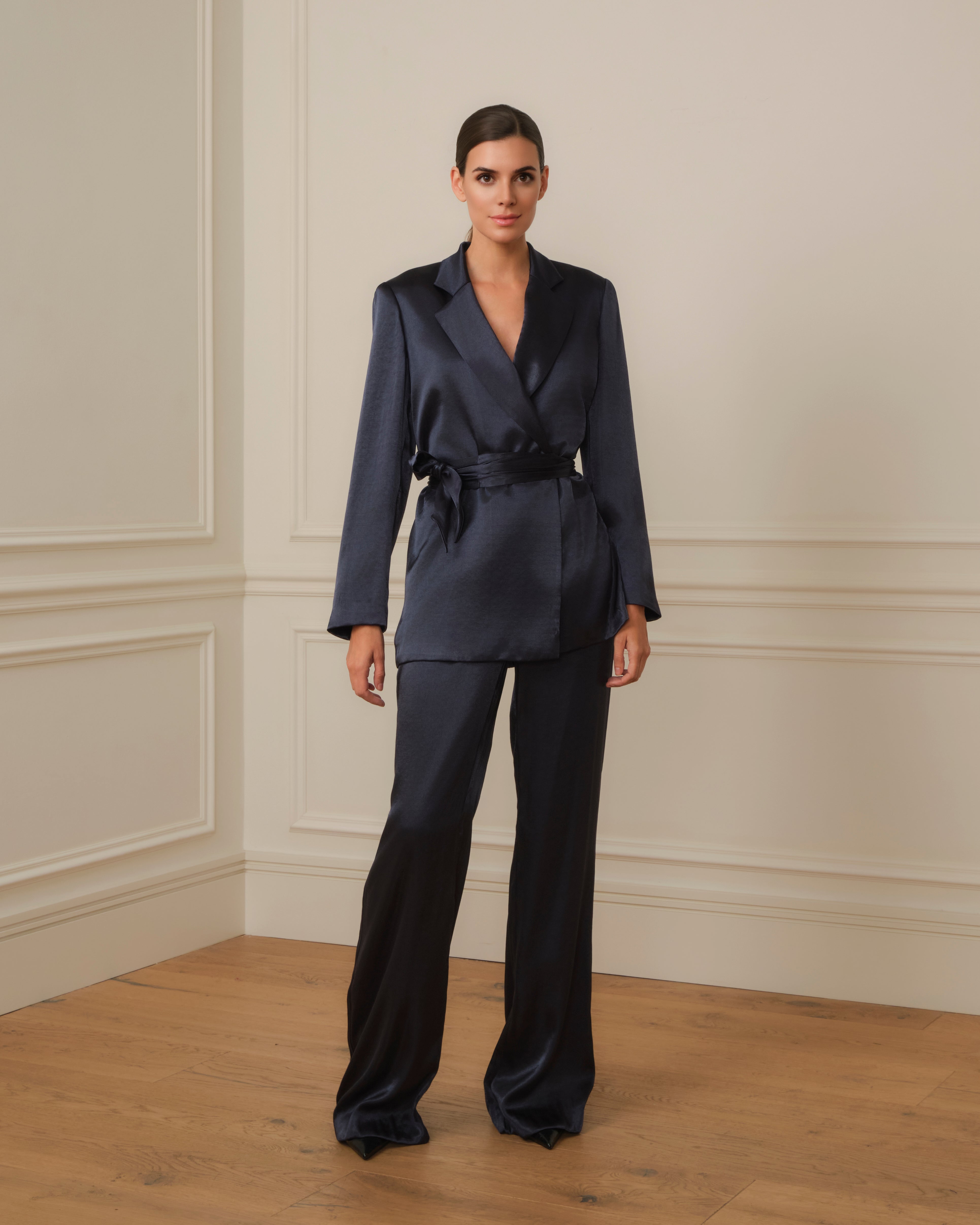 PANTALÓN PALAZZO SATINADO AZUL MARINO